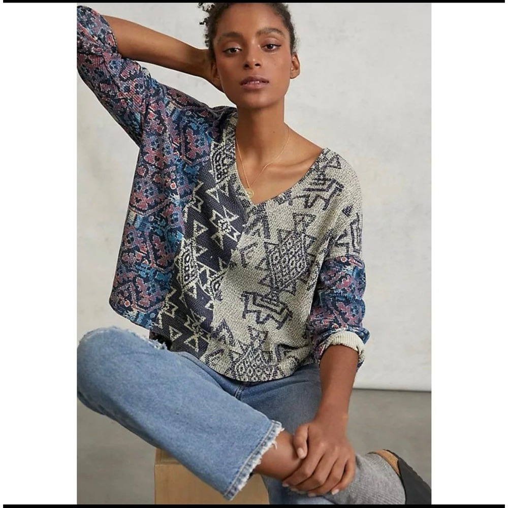 Pilcro Anthropologie‎ Womens S Mixed Print V-Neck Thermal Top Boho Waffle Knit S